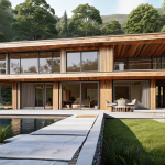 ** An architect presenting sustainable building designs to clients, emphasizing energy efficiency, natural materials (wood, stone), and integration with the surrounding landscape. Focus on a modern, eco-friendly aesthetic.

**