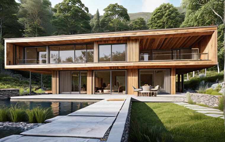 ** An architect presenting sustainable building designs to clients, emphasizing energy efficiency, natural materials (wood, stone), and integration with the surrounding landscape. Focus on a modern, eco-friendly aesthetic.

**