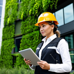 A professional ecological construction engineer, female, in a modest hard hat and safety vest over professional business casual attire, stands confidently in front of a futuristic, energy-efficient building in a modern cityscape. The building features integrated solar panels, a vibrant green living wall, and large windows made of "smart" glass. She holds a digital tablet displaying building schematics, with a natural pose and perfect anatomy, well-formed hands, and proper finger count. The scene is well-lit, professional photography, high quality, correct proportions, safe for work, appropriate content, fully clothed, professional dress.