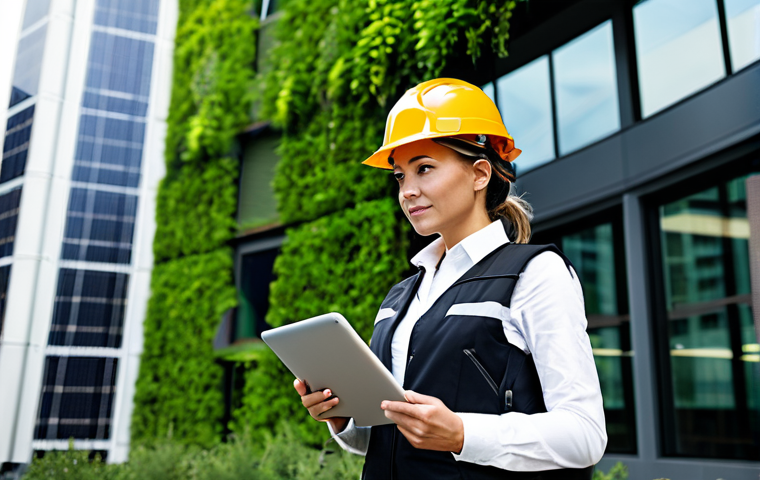 A professional ecological construction engineer, female, in a modest hard hat and safety vest over professional business casual attire, stands confidently in front of a futuristic, energy-efficient building in a modern cityscape. The building features integrated solar panels, a vibrant green living wall, and large windows made of "smart" glass. She holds a digital tablet displaying building schematics, with a natural pose and perfect anatomy, well-formed hands, and proper finger count. The scene is well-lit, professional photography, high quality, correct proportions, safe for work, appropriate content, fully clothed, professional dress.