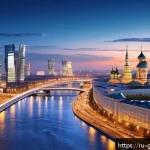 친환경건설기사와 스마트 건축 기술 - A modern Moscow cityscape at dusk showcasing smart IoT sensors integrated into water and electricity...