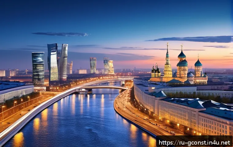 친환경건설기사와 스마트 건축 기술 - A modern Moscow cityscape at dusk showcasing smart IoT sensors integrated into water and electricity...