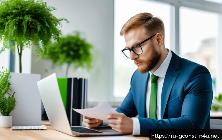 친환경건설기사 자격증 유효기간 및 갱신 방법 - A professional Russian environmental engineer in a modern office setting, reviewing certification do...