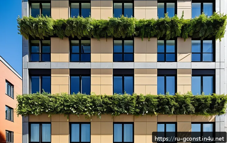 친환경건설기사와 탄소 중립 도시 건설 - A modern eco-friendly urban building facade featuring renewable and recycled construction materials:...